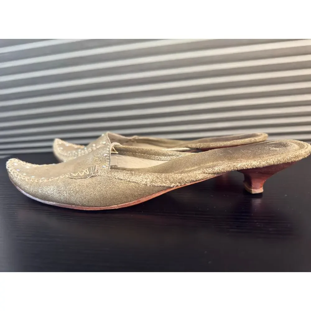 Oliver Addie Khaki Metallic Gold Leather Kitten Heel Mules Size 8 Pointed Toe